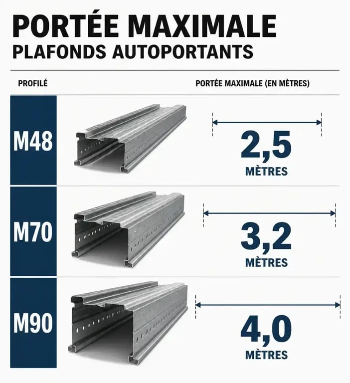 Infographie comparative des portées maximales pour plafonds autoportants M48, M70 et M90