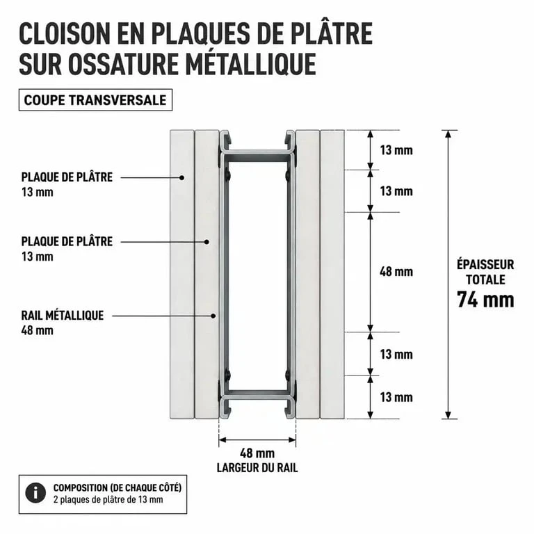 Schéma technique de l'épaisseur d'une cloison en placo avec rail de 48mm