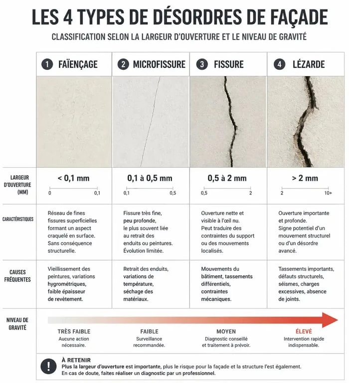 Schéma comparatif des types de micro fissure crépi extérieur et fissures de façade