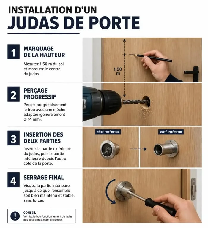 Schéma des étapes d'installation d'un judas sur porte pour sécuriser son entrée