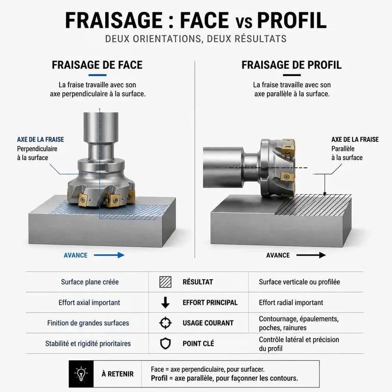 Schéma explicatif du fraisage de face et du fraisage de profil pour comprendre le fraisage def
