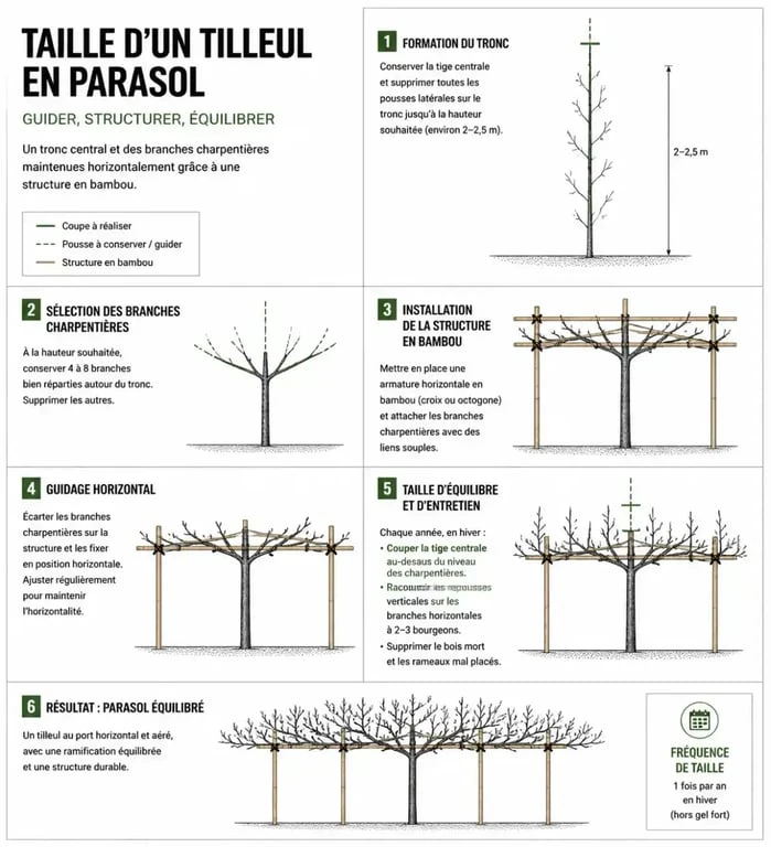 Schéma explicatif de la taille d'un tilleul en parasol pour jardin