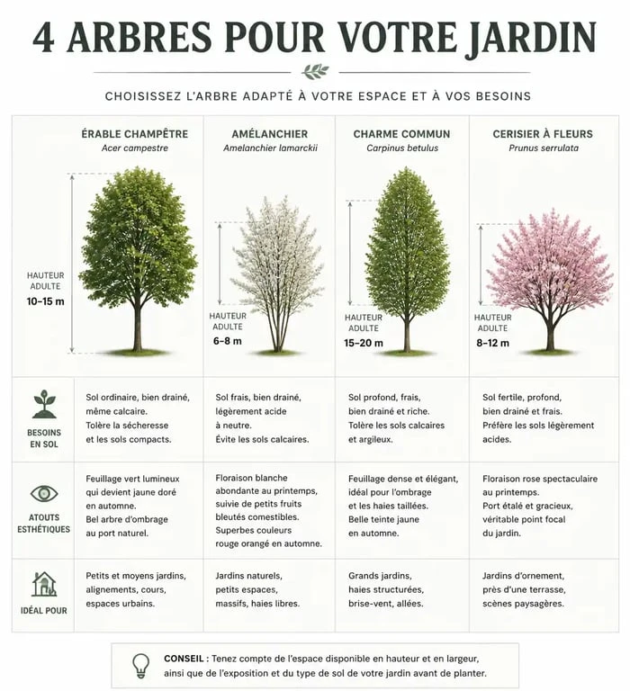 Infographie comparative des meilleurs arbres à planter au milieu d'une pelouse selon la taille du jardin et le type de sol.