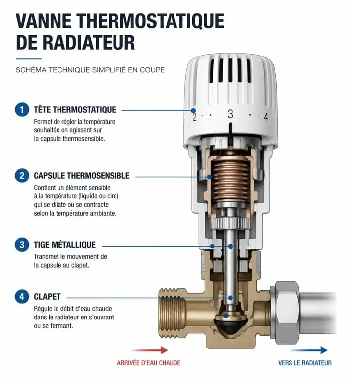 Schéma explicatif du fonctionnement d'une vanne thermostatique de radiateur
