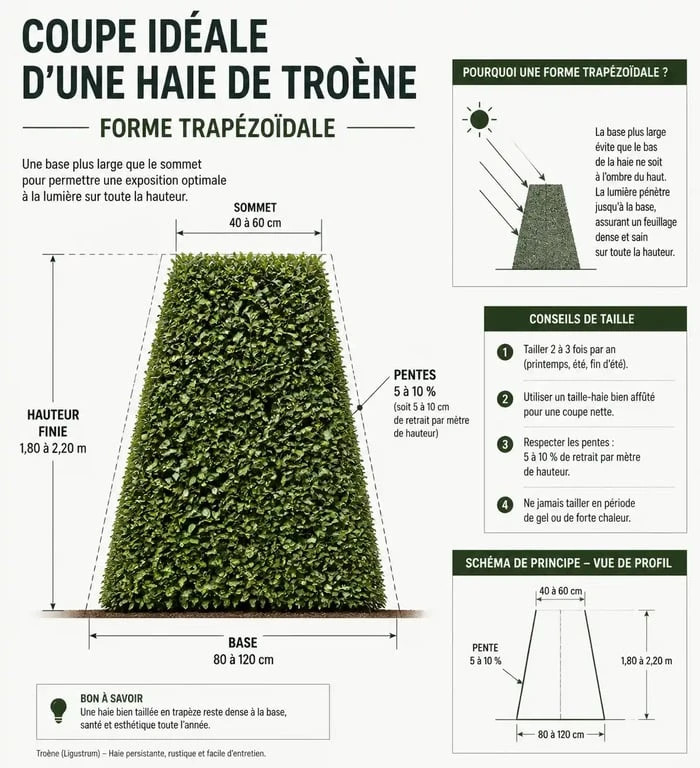 Schéma de taille en trapèze pour une haie de troène dégarnie en bas