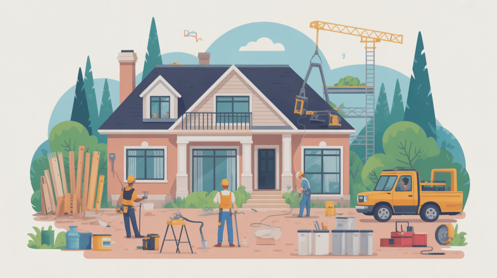 illustration stylisée entreprise de rénovation de maison en chantier