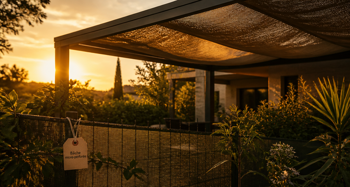 bâche micro perforée pour jardin installée sur pergola et clôture
