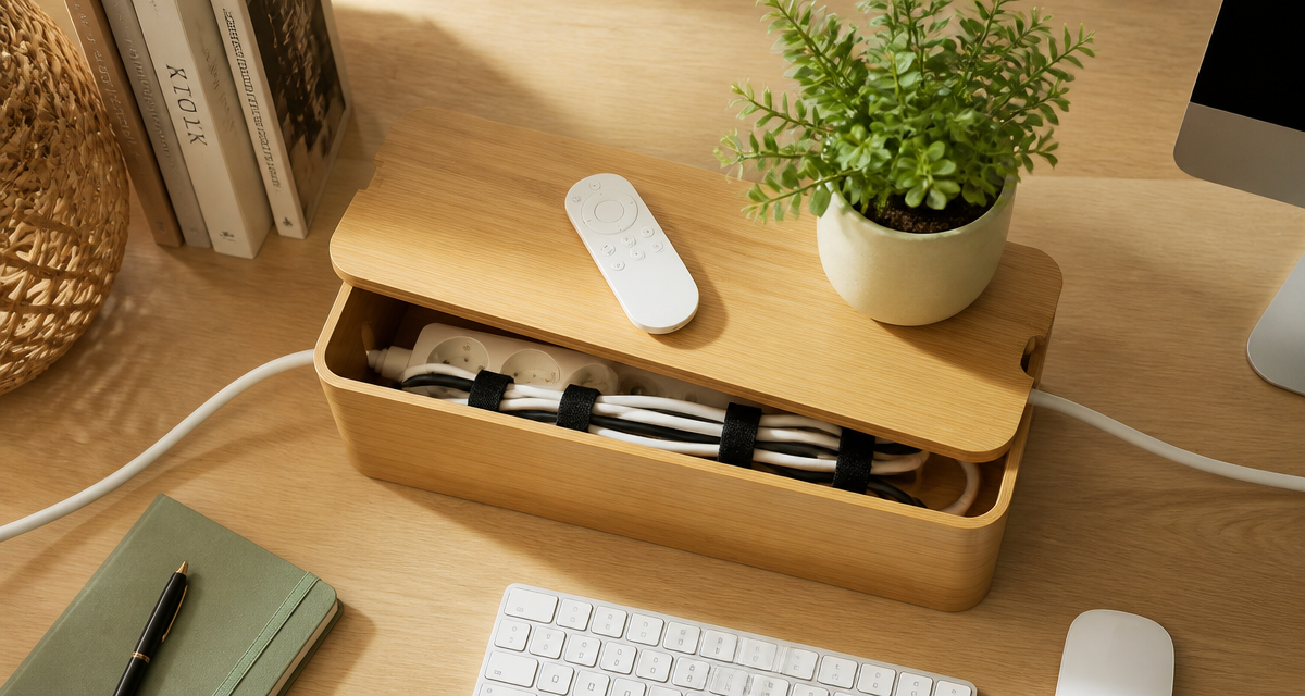 boite pour ranger les cables en bambou sur bureau