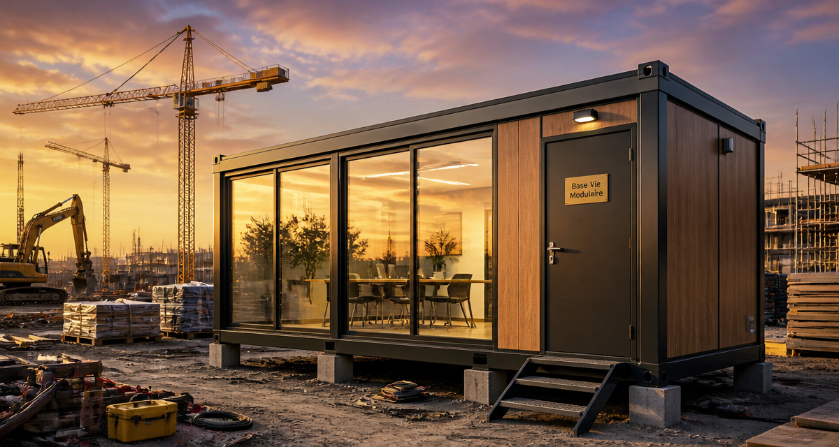 bungalow préfabriqué acier bois grandes baies chantier