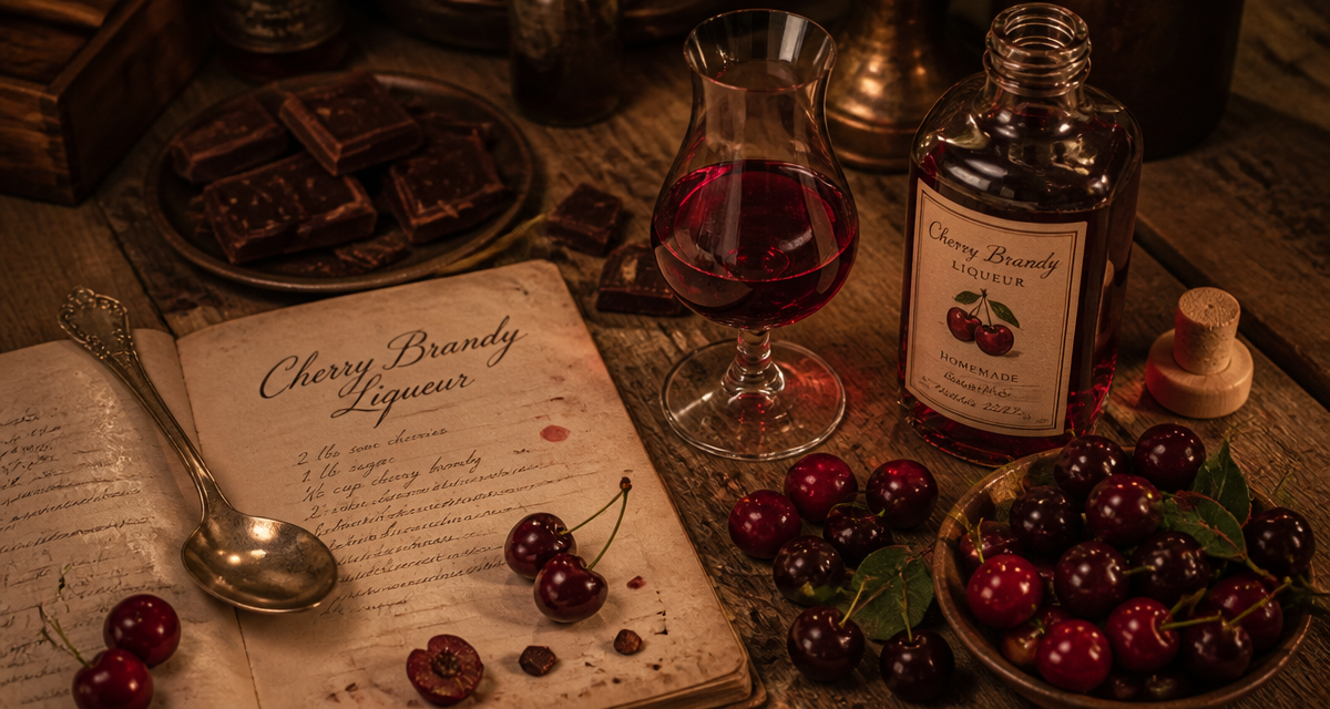 cherry brandy liqueur, cerises fraîches, chocolat, carnet