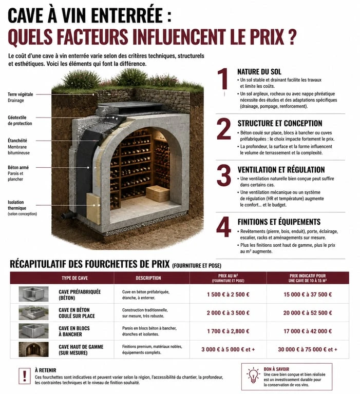 Infographie des facteurs de prix et estimations pour une cave à vin enterrée