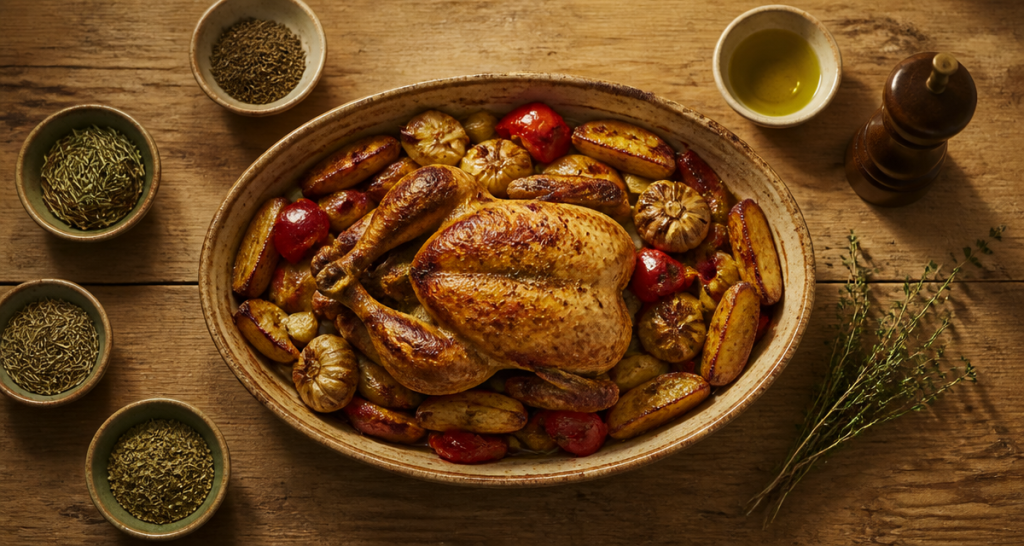 Herbes de Provence sur table rustique avec poulet rôti