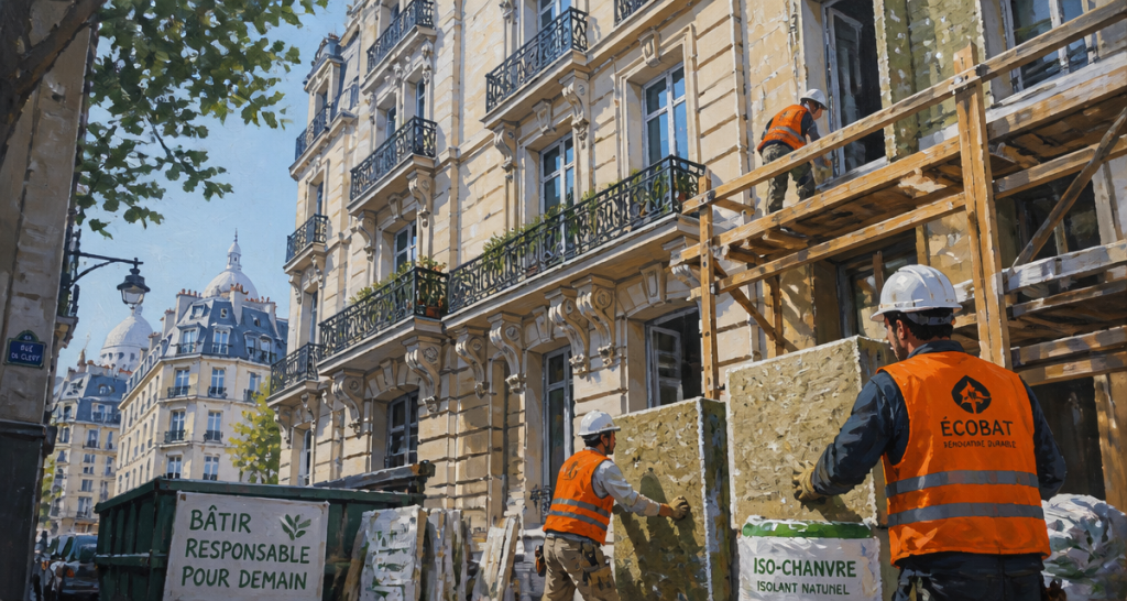 Réhabilitation de bâtiments anciens Paris, ouvriers isolant un immeuble haussmannien