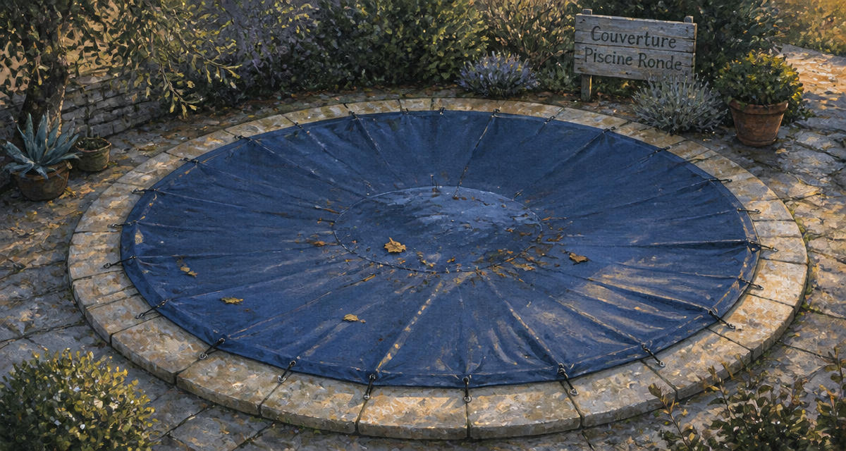 couverture piscine ronde bâche bleue margelles pierre