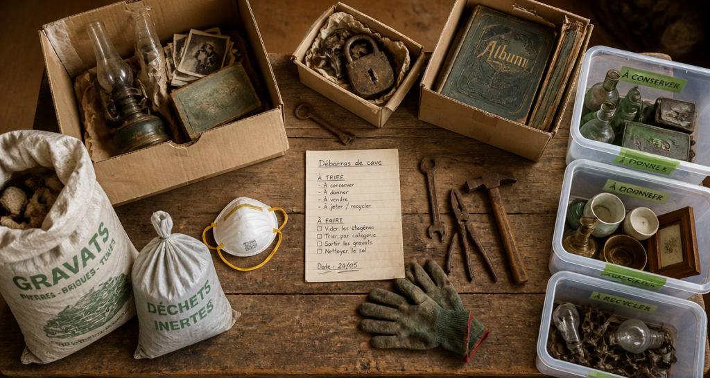 Débarras cave cartons objets outils sacs