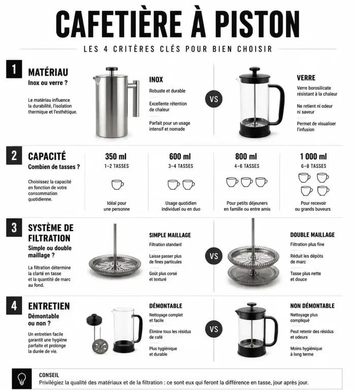 Infographie des critères de choix pour la meilleure cafetière à piston : matériaux, capacité, filtration et entretien.