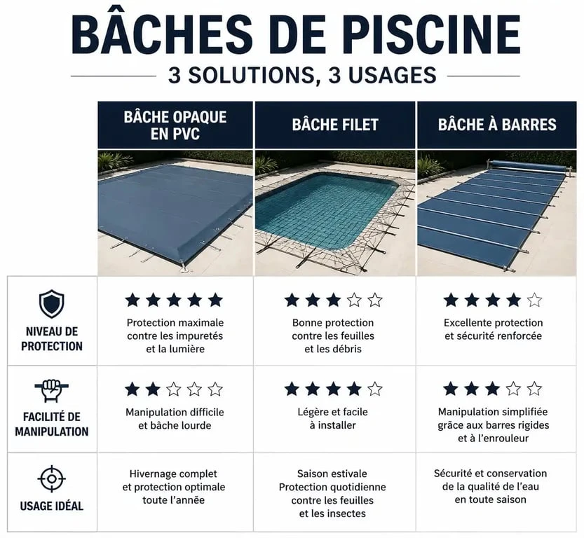 Comparatif des types de bâches hiver piscine : opaque, filet et à barres
