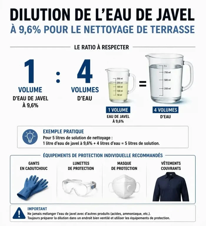 Infographie des ratios de dilution pour le nettoyage de terrasse à l'eau de javel 9,6%