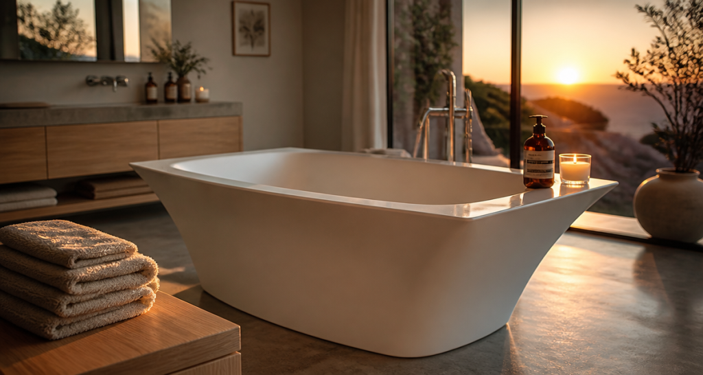 grande baignoire blanche dans salle de bain contemporaine