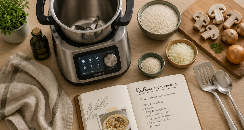 Meilleur robot cuisine avec ingrédients risotto sur plan de travail