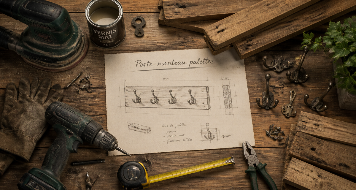 porte manteau palettes sur établi avec outils