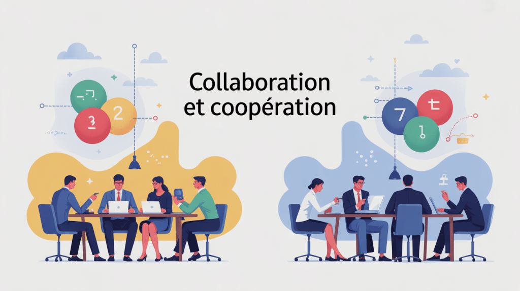 Illustration différence collaboration et coopération groupe au travail