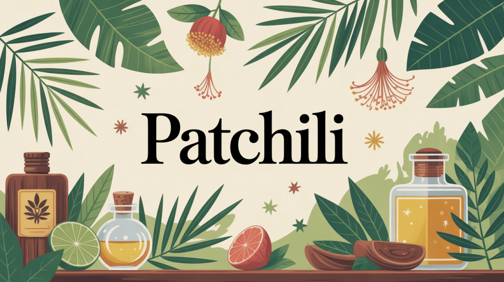 illustration patchili feuille tropicale séchée et produits parfumés