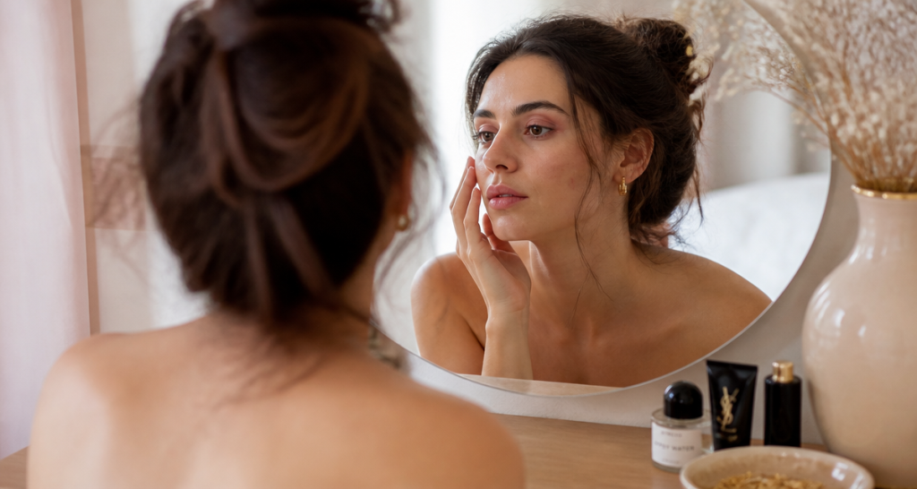 Boutons de stress sur le visage femme miroir