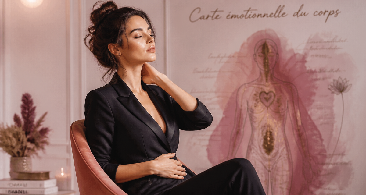 Carte émotionnelle des maux du corps, femme posant mains sur nuque et ventre