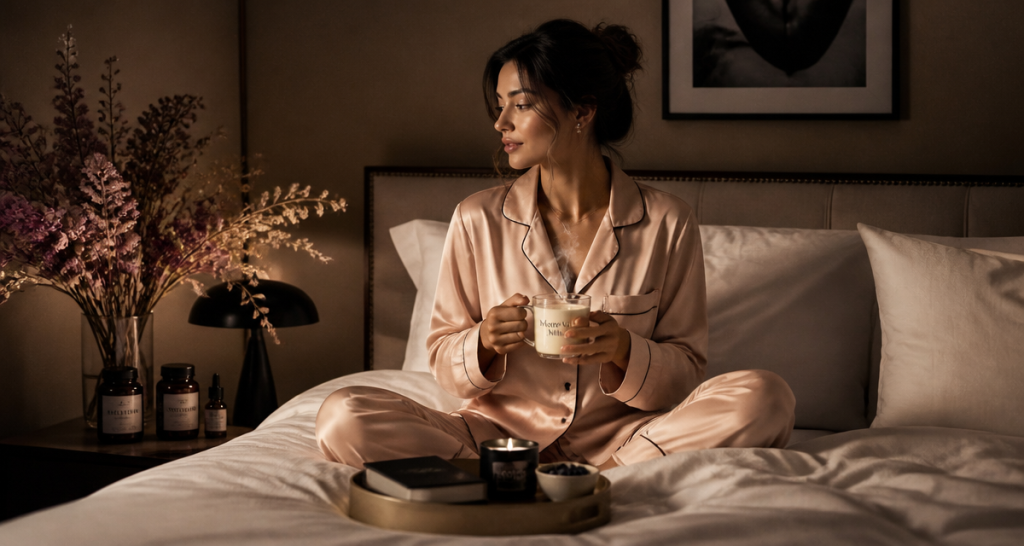 Femme avec complements alimentaires pour dormir dans chambre elegante
