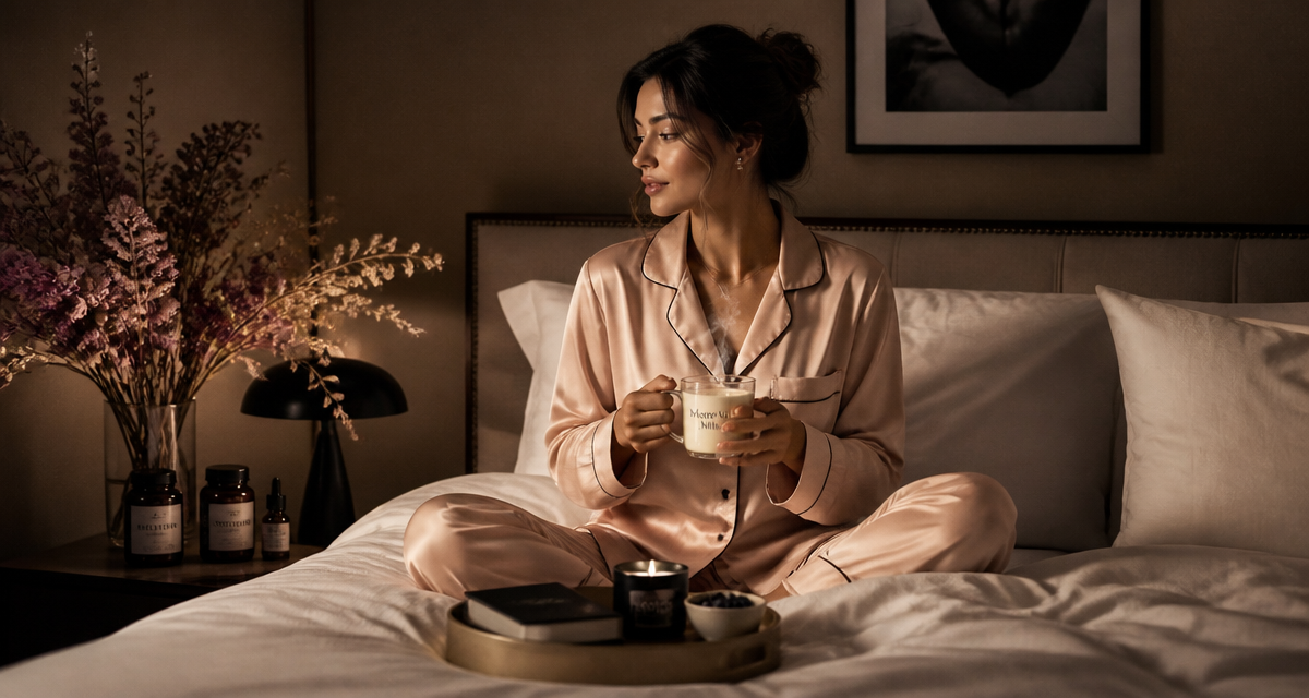 Femme avec complements alimentaires pour dormir dans chambre elegante