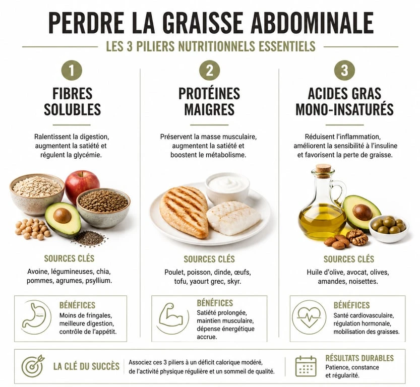 Infographie des piliers nutritionnels et aliments pour perdre le ventre et réduire la graisse abdominale