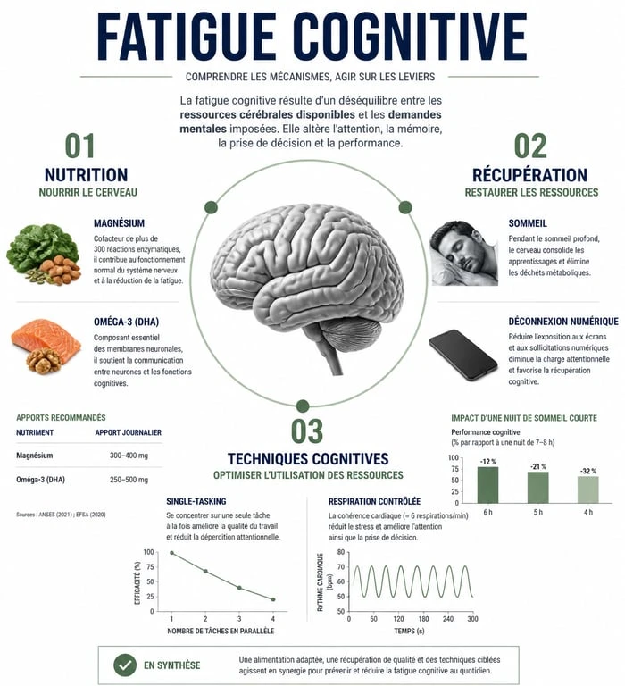 Infographie sur les causes et solutions pour retrouver de l'énergie mentale et combattre la fatigue cognitive