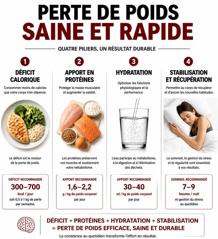 Infographie sur les piliers d'un régime rapide et efficace pour une perte de poids saine