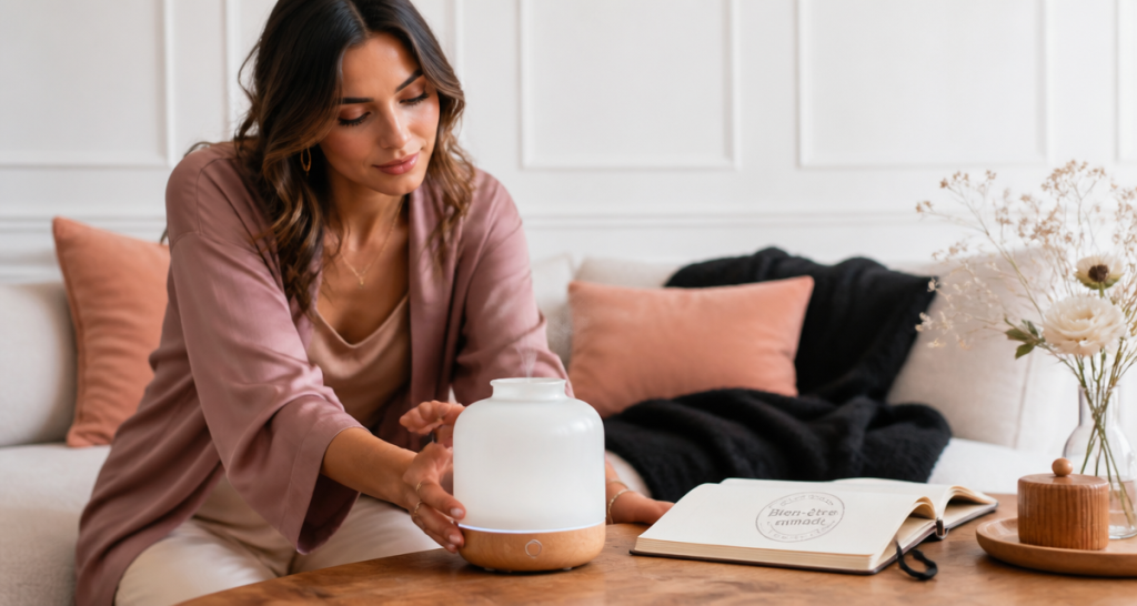 meilleur diffuseur huiles essentielles sans fil sur table bois clair