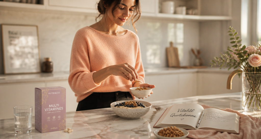 multi vitamines et mineraux sur plan de travail cuisine