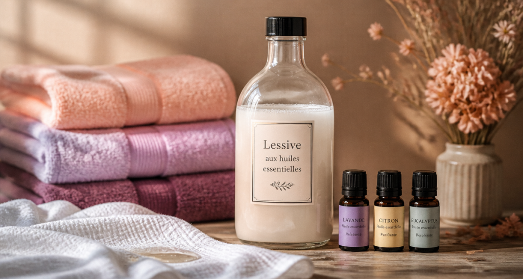 quelle huile essentielle pour lessive maison, flacon et huiles sur table