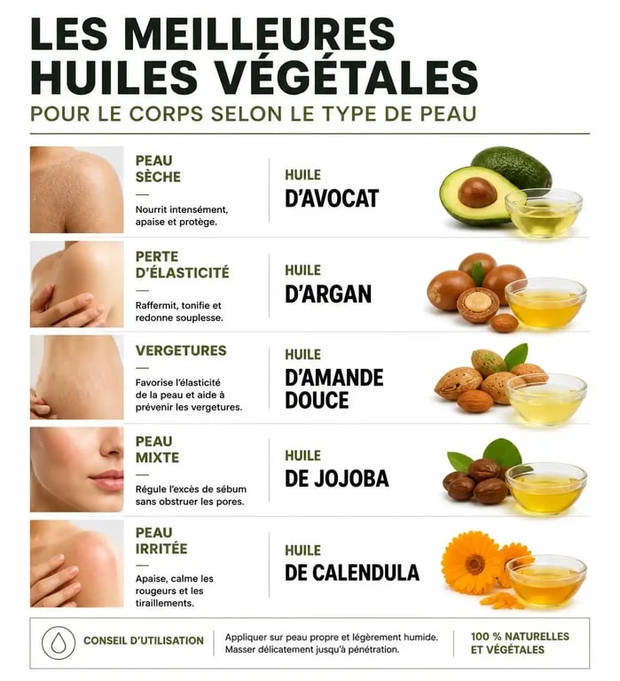 Infographie des meilleures huiles pour le corps selon le type de peau pour une hydratation optimale
