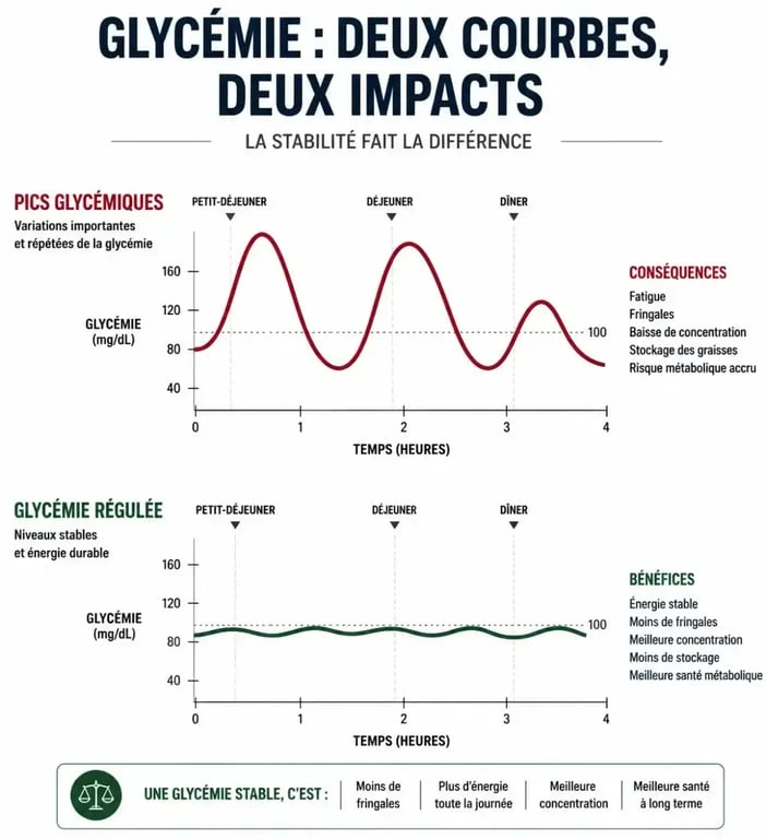 Infographie montrant l'impact des aliments sur la glycémie pour faire baisser la glycémie et favoriser la perte de poids