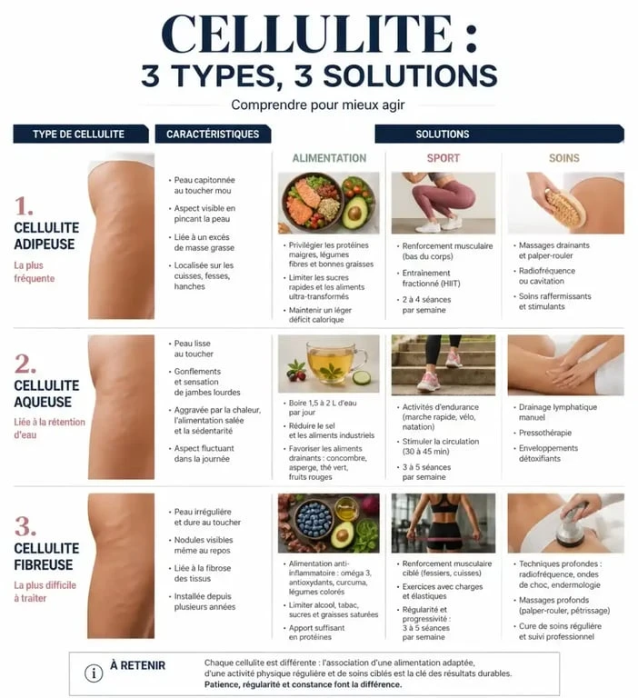 Infographie sur les types de cellulite des cuisses et les méthodes pour perdre la cellulite efficacement.