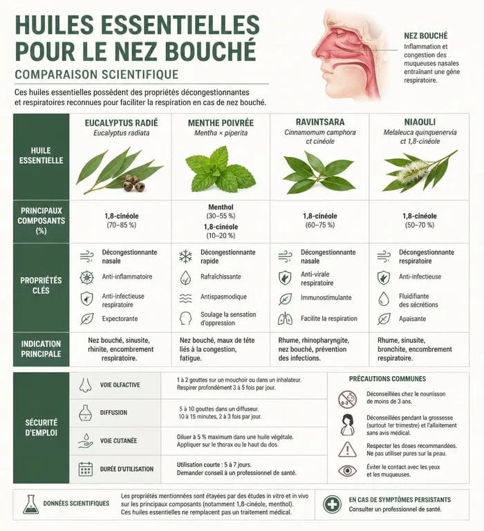 Infographie sur les huiles essentielles pour déboucher le nez : propriétés et précautions d'usage