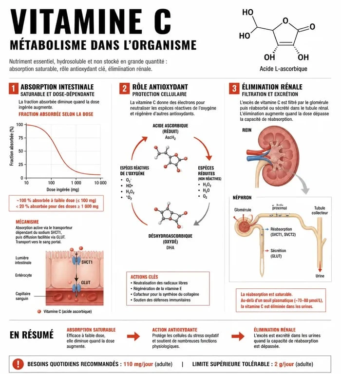 Infographie sur le métabolisme et les bienfaits de 1g de vitamine C par jour