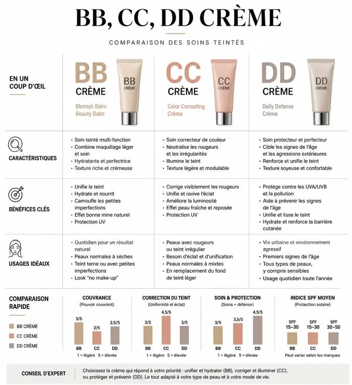 Infographie comparative des différences entre BB crème, CC crème et DD crème pour choisir le soin teinté adapté selon l'avis des dermatologues.