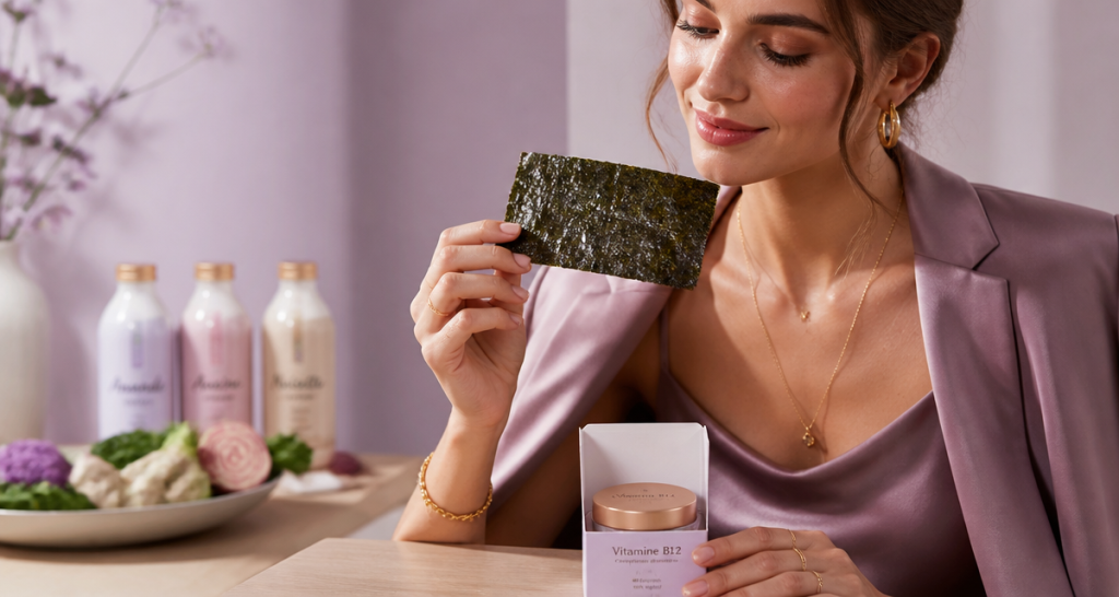 où trouver la vitamine b12 dans les legumes, femme avec algue nori et compléments