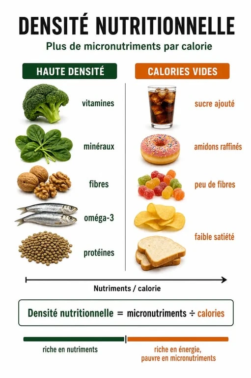 Infographie comparant la densité nutritionnelle des aliments pour une alimentation équilibrée