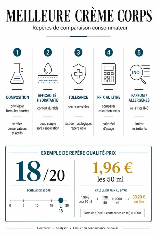 Infographie sur la meilleure crème corps 60 millions consommateur avec critères de choix, note 18/20 et prix au litre