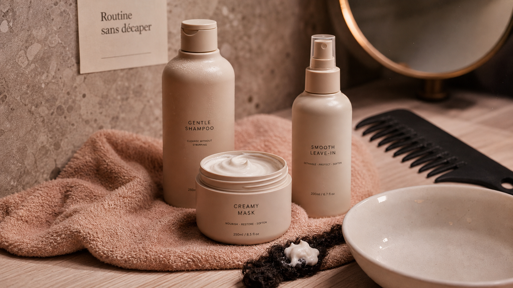 Produits afro cheveux : shampoing doux, masque, leave-in sur mèche afro