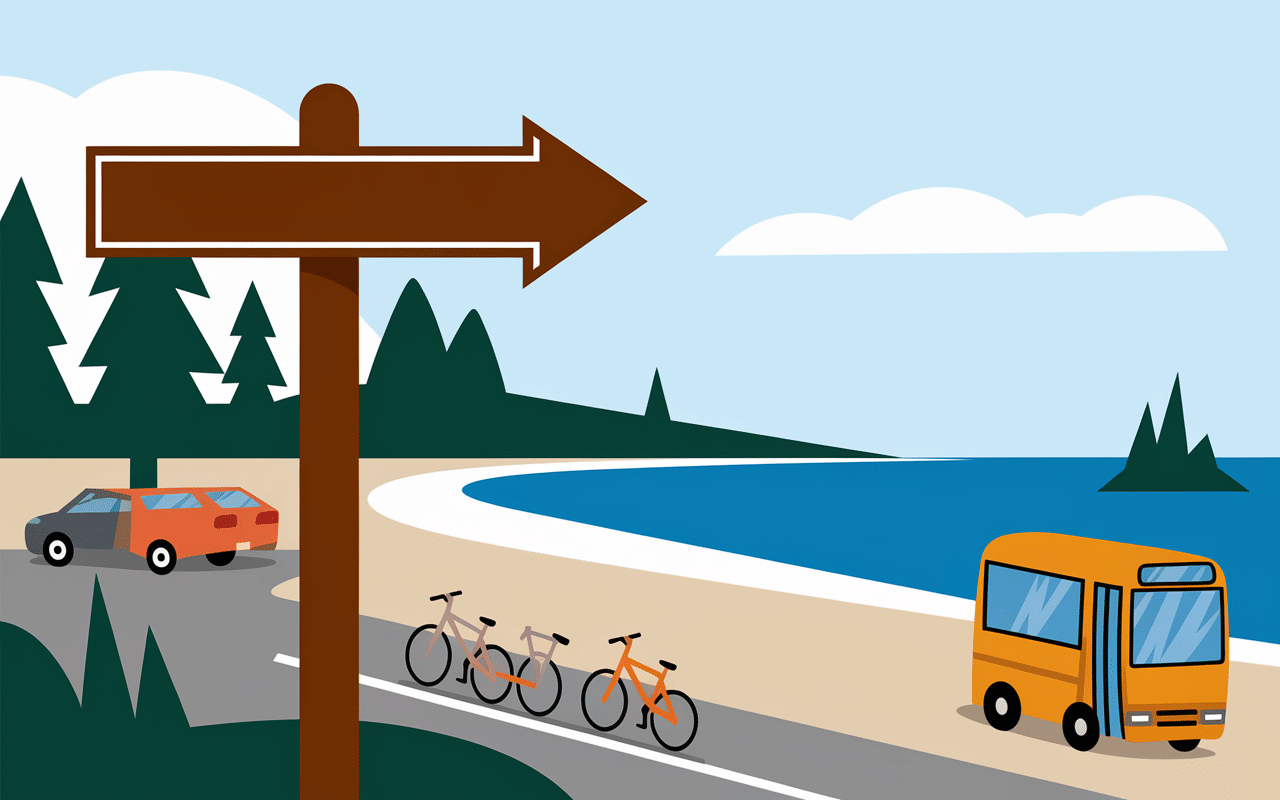 Accès plage des Arbousiers avec panneau, parking, vélo et bus