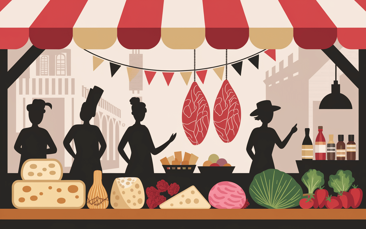 Marché local d'une ville du pays basque avec produits régionaux