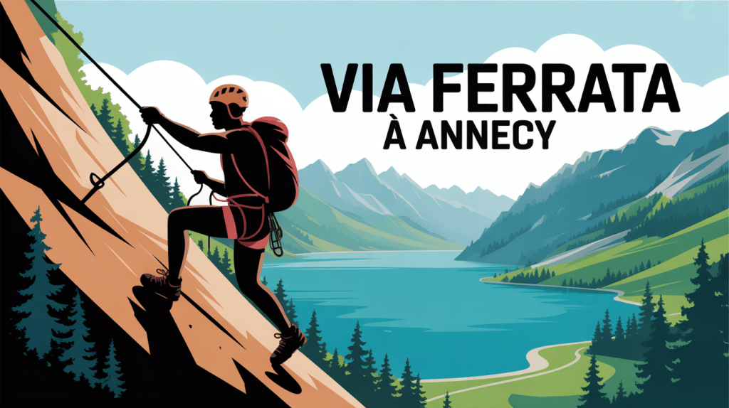 Via ferrata Annecy silhouette grimpeur lac montagne